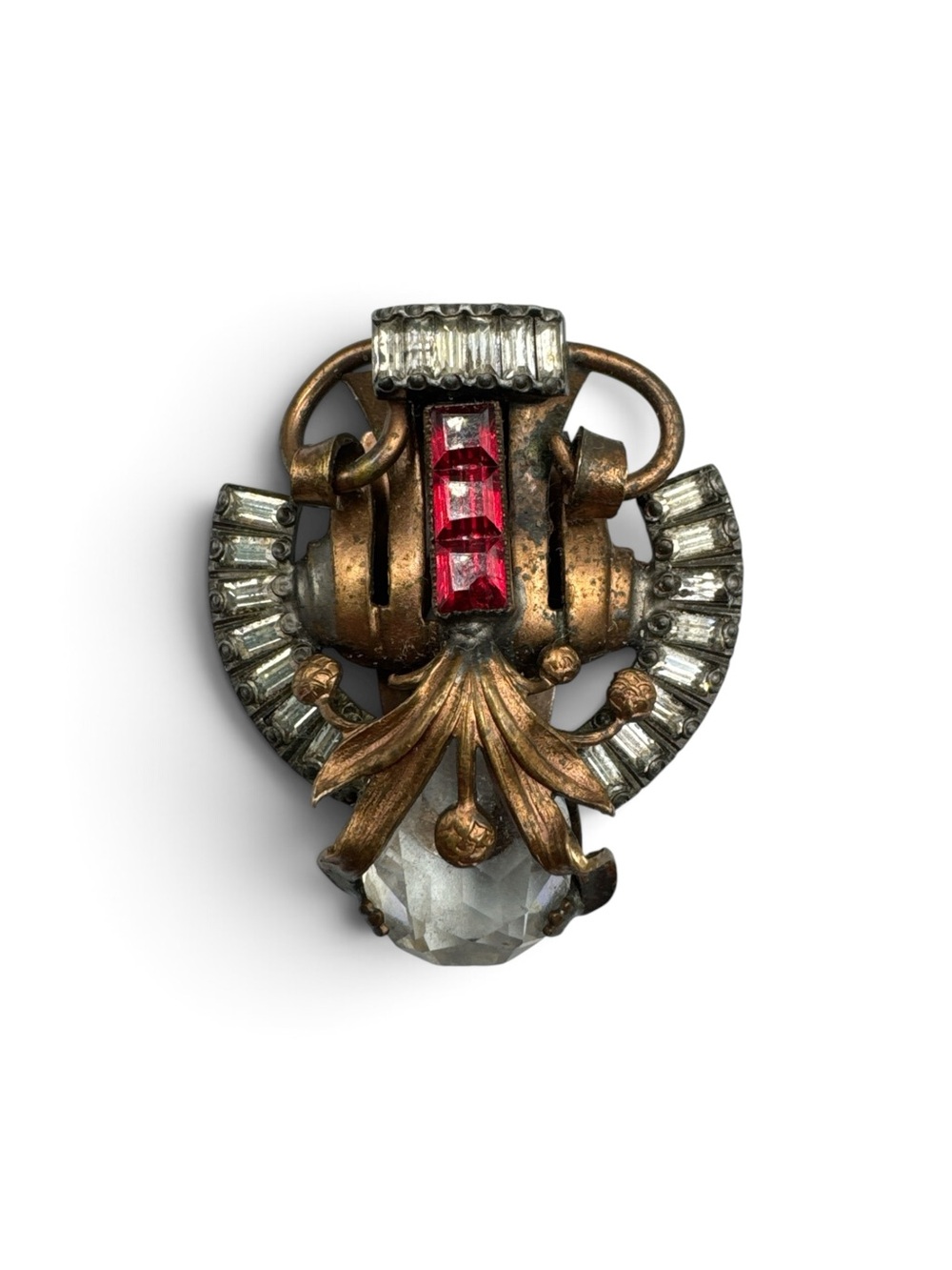 Vintage 1930s Art Deco Waller Patent Rhinestone Dress Clip Red Clear Glass